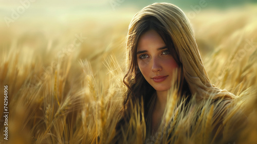 Portrait of a young woman in a wheat field, evoking the biblical character Ruth. photo