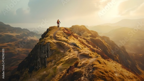 Lone adventurer on a majestic mountain ridge at sunrise, embracing the wilderness © Alex