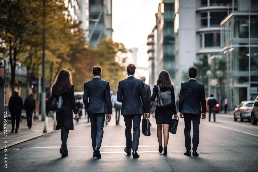 back view of group business people crowd walking on street go to work at morning in city downtown, insurance, finance, business marketing, partnership, goal business target concept