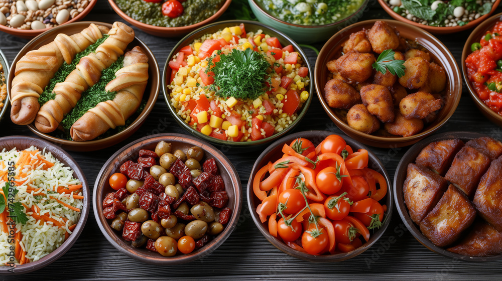 A table with lots of oriental dishes kebab salads and drinks, Muslim, Arabic food A table with lots of oriental dishes kebab salads and drinks, Muslim, Arabic food