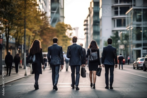 back view of group business people crowd walking on street go to work at morning in city downtown, insurance, finance, business marketing, partnership, goal business target concept