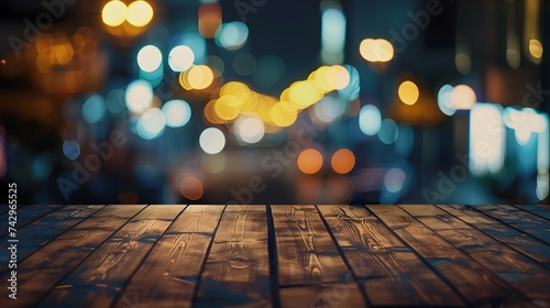 empty brown wooden floor or wood board table with blurred abstract night light bokeh in city background, copy space for display of product or object presentation