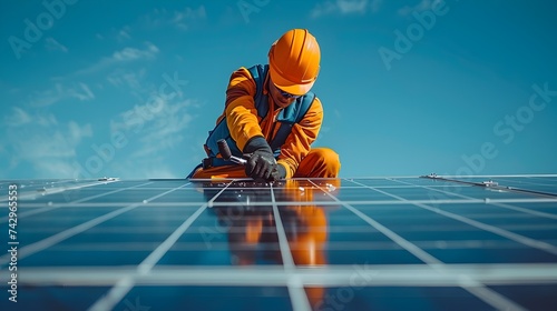 Alternative Energy. engineer technician working and checking installing solar cell farm power plant eco technology on the roof, renewable energy, save energy, solar power concept photo