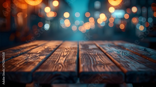 empty brown wooden floor or wood board table with blurred abstract night light bokeh in city background, copy space for display of product or object presentation