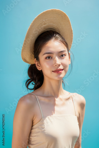 summertime asian woman delightful freshness smiling causual summer dress portrait shot over plain color background summer travel and joyful moment