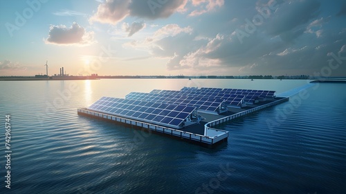 floating solar power plant. many solar panel installation on dam river with sunrise at industrial plant, renewable energy, save energy, eco power technology, solar power concept