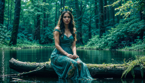 Enchanted Solitude: A Mystical Woman Sitting on a Dead Tree Trunk with Her Feet in the Water in a Green Forest.
