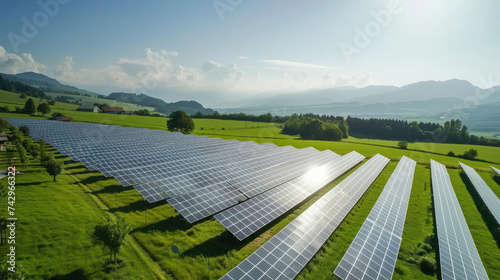 Save Energy. many solar panel installation on green field with sunrise at industrial plant, alternative energy, green energy, renewable energy, electricity, eco power technology, solar power concept