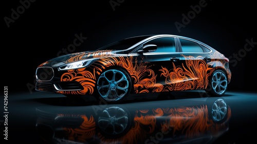 Photo shoot of a car adorned with creative wheel aerographics, making it stand out from the ordina photo