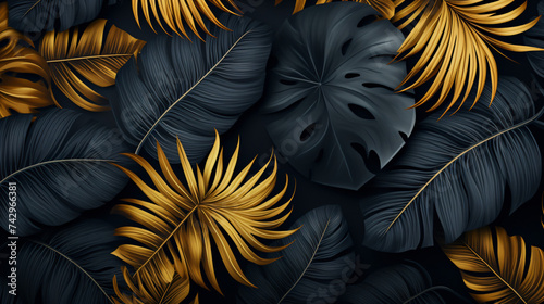 Black and golden tropical leaves on dark background