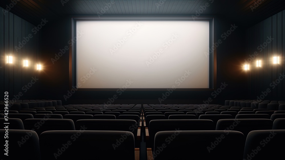 Empty of cinema in with white blank screen, super realistic, ultra detailed, ultra high resolution