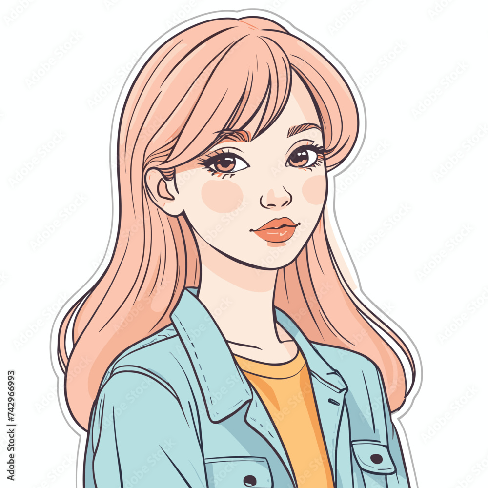 Stylized illustration of a young woman with pink hair and a denim jacket, exuding a modern and artistic vibe. Stylized illustration of a young woman with pink hair and a denim jacket, exuding a modern and artistic vibe.