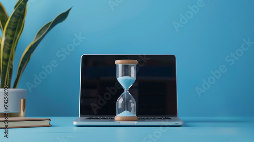 Hourglass next to the laptop on a blue background, concept of computer time