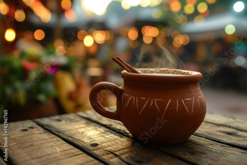 masala chai, tea with spices. Indian street food. Delhi market, Mumbai. Milk tea India