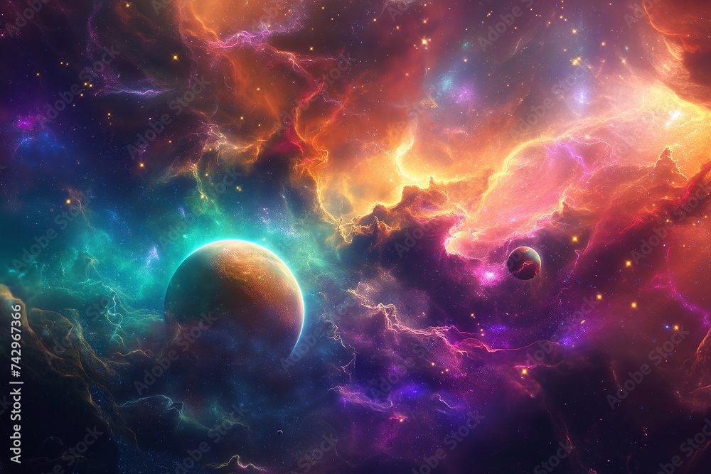 Colorful cosmic vista, with abstract planets in orbit, surrounded by a nebula of stars and light in a multitude of colors. 8k