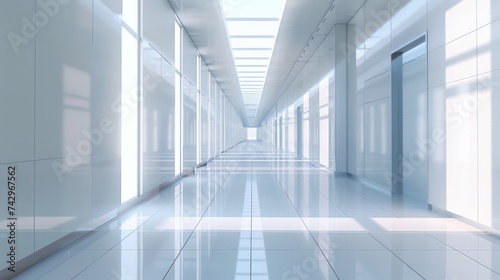 spacious corridor in an office building, characterized by its minimalistic design and long perspective