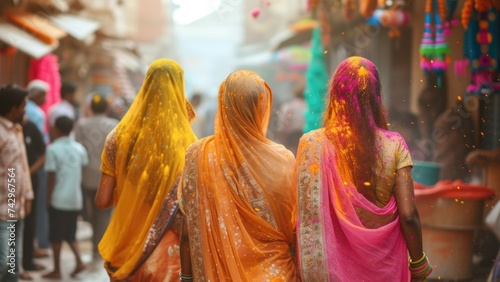 Indian women in national sari dress walk down the street in India. throwing paint on the holiday. festival of colors Holi. photo