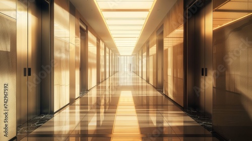spacious corridor in an office building  characterized by its minimalistic design and long perspective