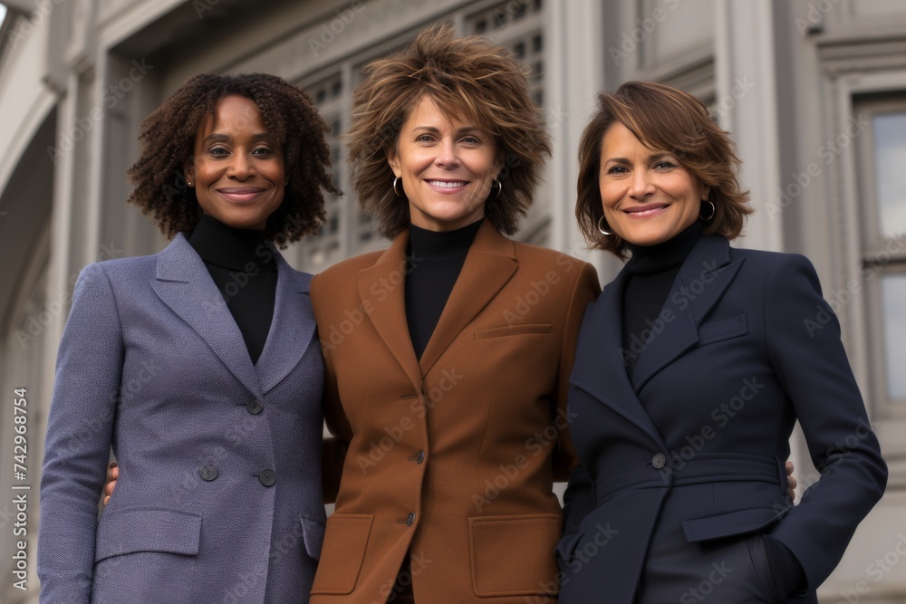 Three women in suits are smiling for the camera Three women in suits are smiling for the camera