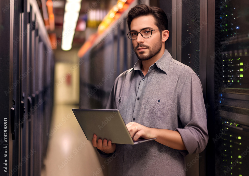 A data center chief in a server room looking at a laptop computer. Ai generated. A data center chief in a server room looking at a laptop computer. Ai generated.