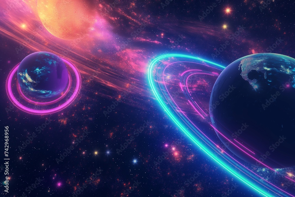 Futuristic cosmic scene with neon colors outlining planets, stars, and galaxies, against the deep black of space. 8k