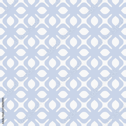 Vector geometric seamless pattern with curved shapes, floral grid, mesh, net, lattice. Simple soft blue and white ornament texture with flower silhouettes, leaves. Minimal abstract repeated background