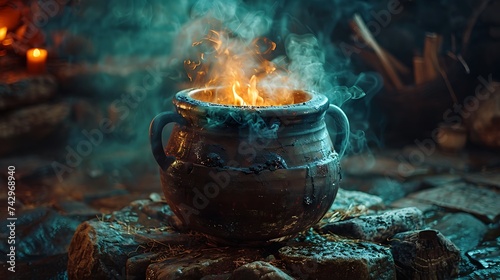 A bubbling cauldron atop a stone hearth, brewing secrets and magic photo