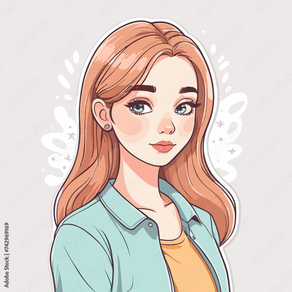 Illustration of a young woman with long hair, wearing a casual outfit, set against a soft background, exuding a calm and friendly demeanor. Illustration of a young woman with long hair, wearing a casual outfit, set against a soft background, exuding a calm and friendly demeanor.