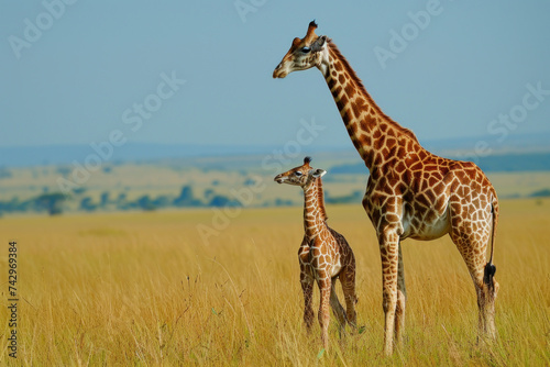 A giraffe with her cub  mother love and care in wildlife scene