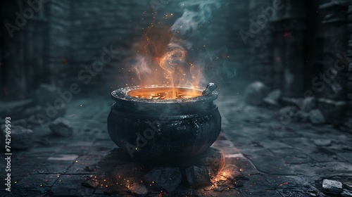 A bubbling cauldron atop a stone hearth, brewing secrets and magic