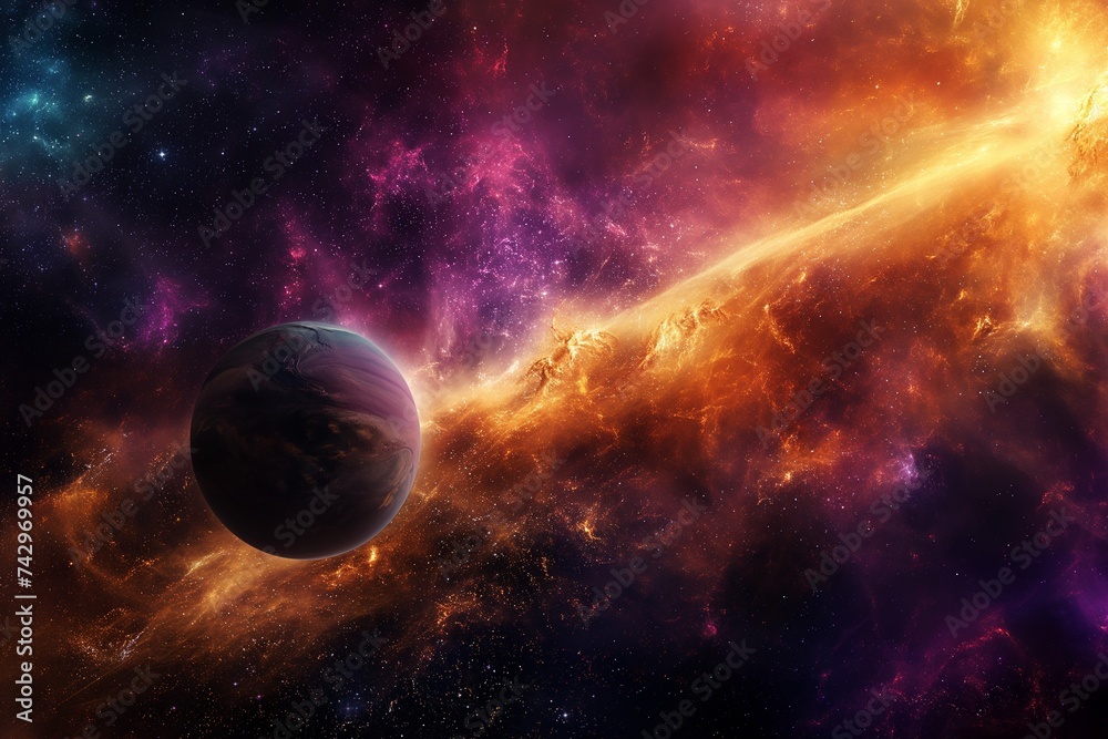 Surreal representation of a cosmic nebula, with vivid colors swirling around abstract planetary bodies and starlight. Surreal representation of a cosmic nebula, with vivid colors swirling around abstract planetary bodies and starlight.