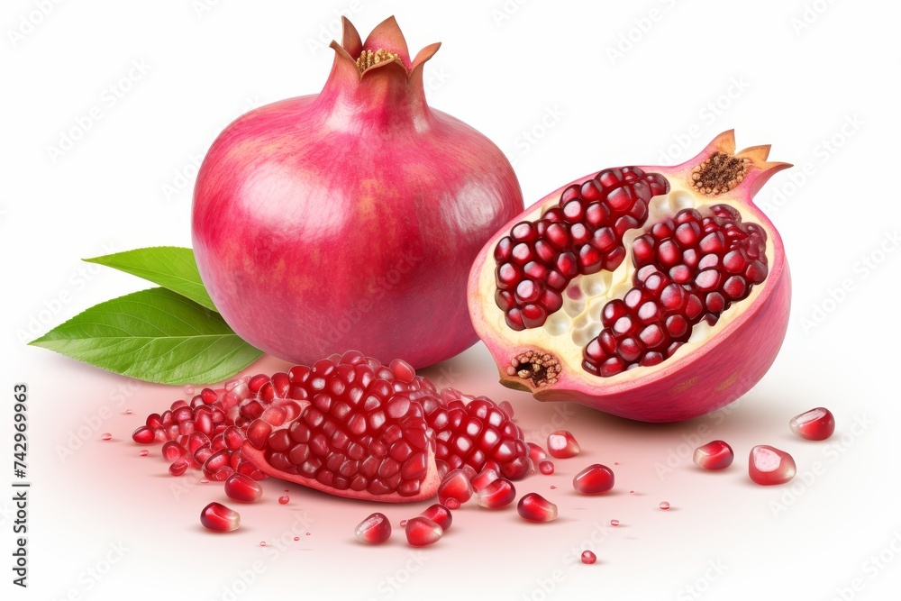 Ripe pomegranate fruit isolated on white background with space for text, fresh healthy food concept