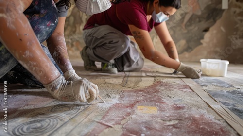 Restoration Experts at Work Preserving Ancient Frescoes in a Historic Site