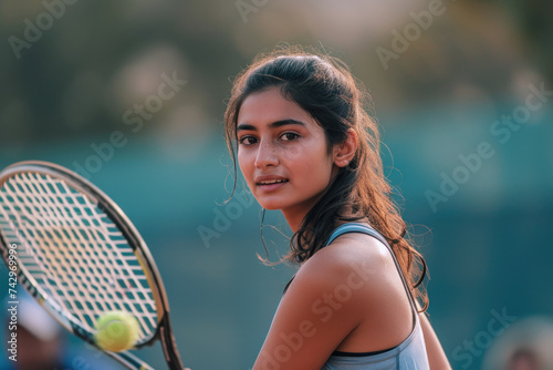 Indian woman in tennis player activewear doing exercise, sport workout © Aris