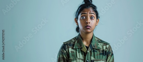A South Asian woman dressed in a military uniform is making a skeptical and sarcastic face, displaying surprise and disbelief. photo