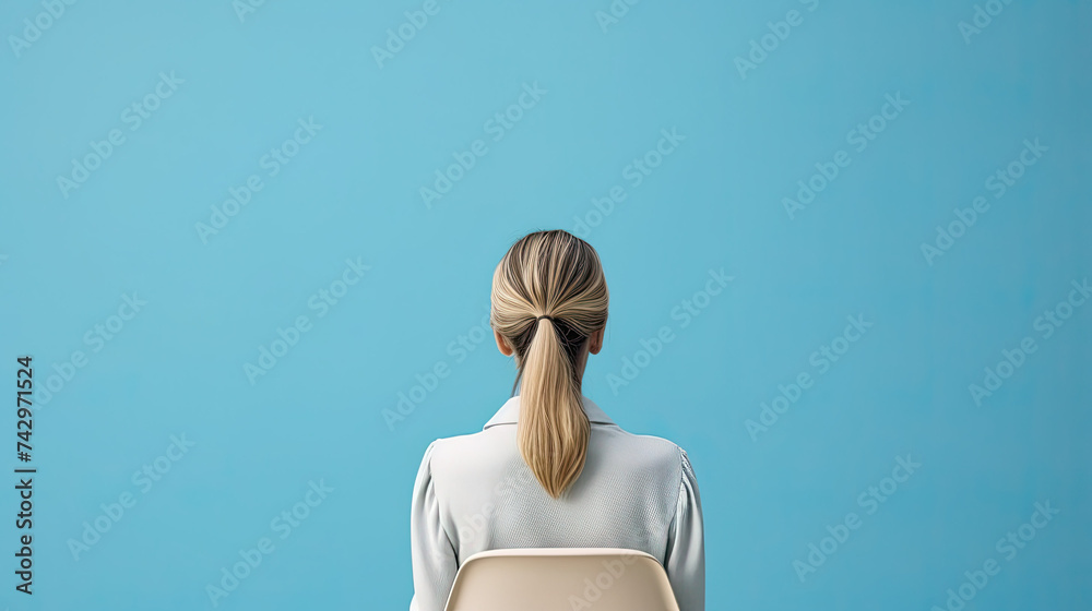 Fototapeta premium Back view of a woman sitting on chair on blue background