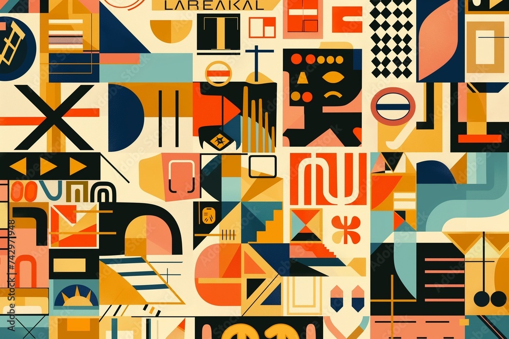 A blend of language symbols, alphabets, and culturally inspired geometric forms A blend of language symbols, alphabets, and culturally inspired geometric forms