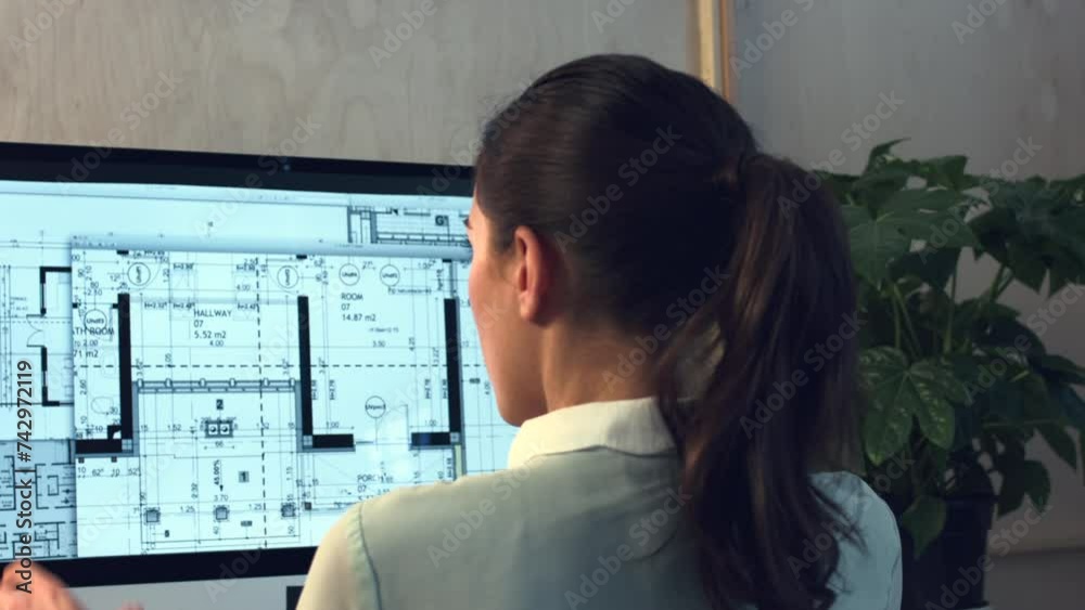 Computer, architect or woman with blueprint for planning a construction or maintenance project. Designer, digital floor plan or civil engineering on screen for architecture online, research or design