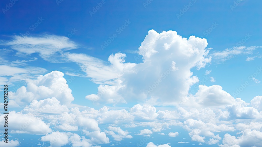 Blue Cloudy Sky Overhead. A Stunning View of Blue Clouds and White Fluff in the Atmosphere. Blue Cloudy Sky Overhead. A Stunning View of Blue Clouds and White Fluff in the Atmosphere.