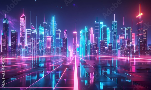 Future city glowing neon, cyberpunk city, cityscape in the background.