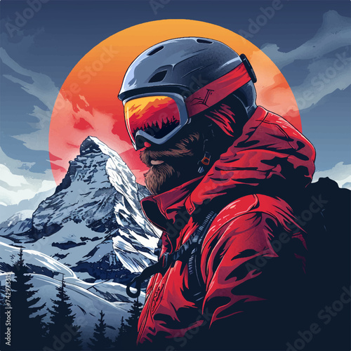 Colorful vector illustration of a skier with a helmet with a mountain on the background