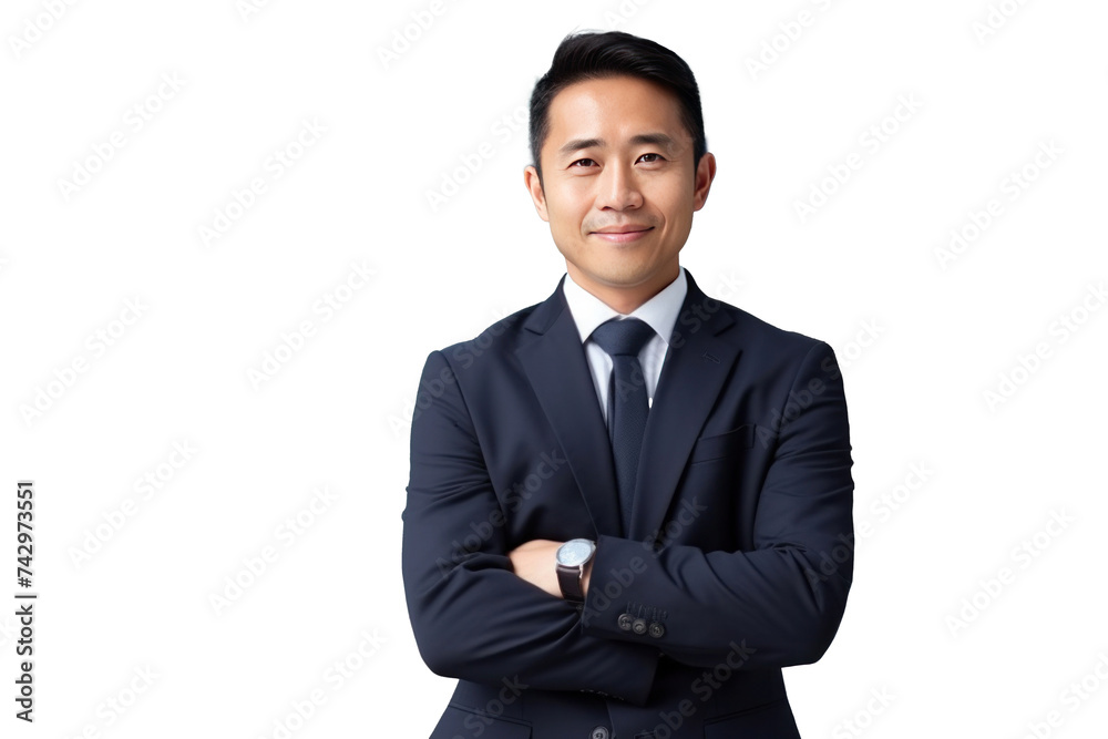 Asian businessman happy in suit, crossed arms isolated on transparent background. Asian businessman happy in suit, crossed arms isolated on transparent background.