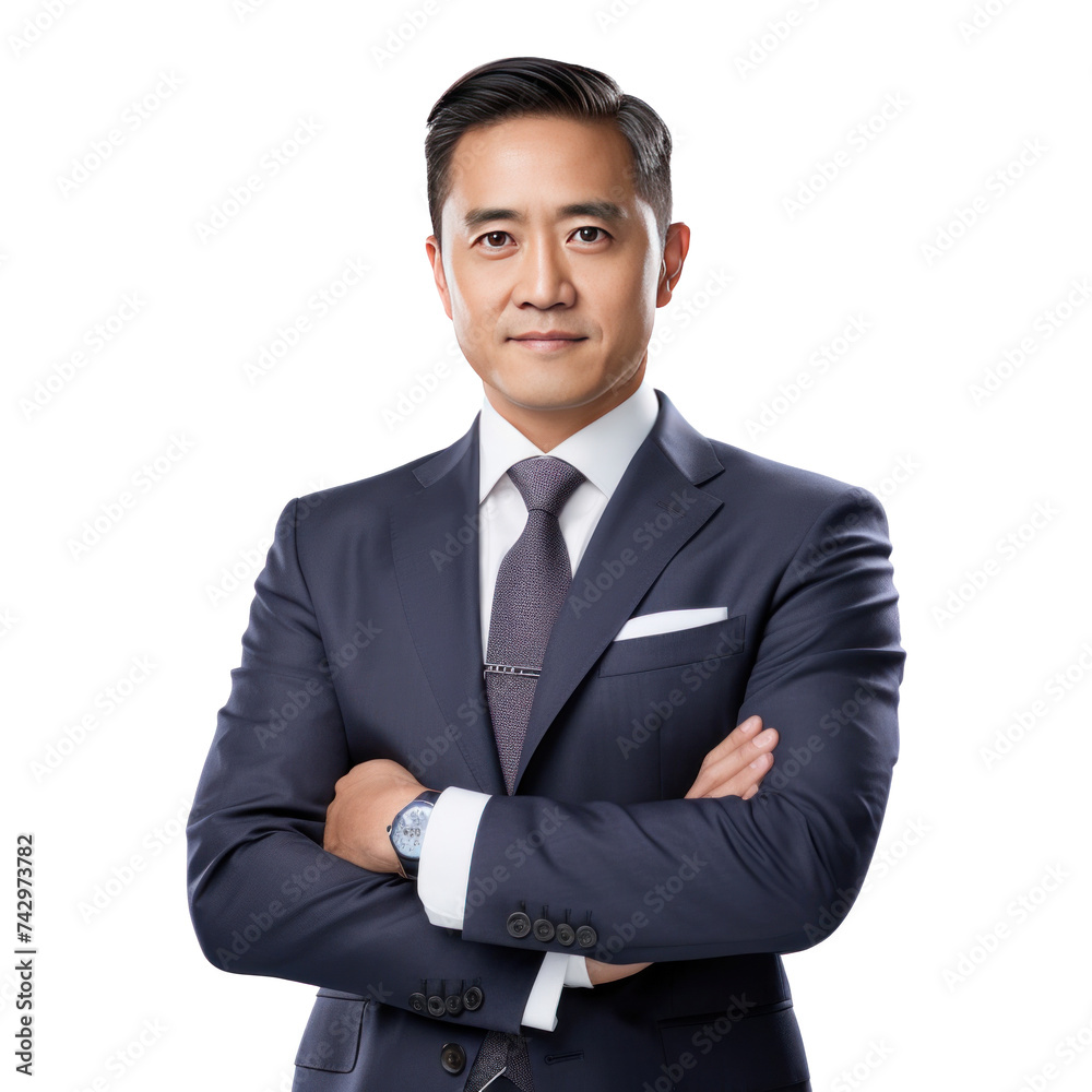 Asian businessman happy in suit, crossed arms isolated on transparent background. Asian businessman happy in suit, crossed arms isolated on transparent background.