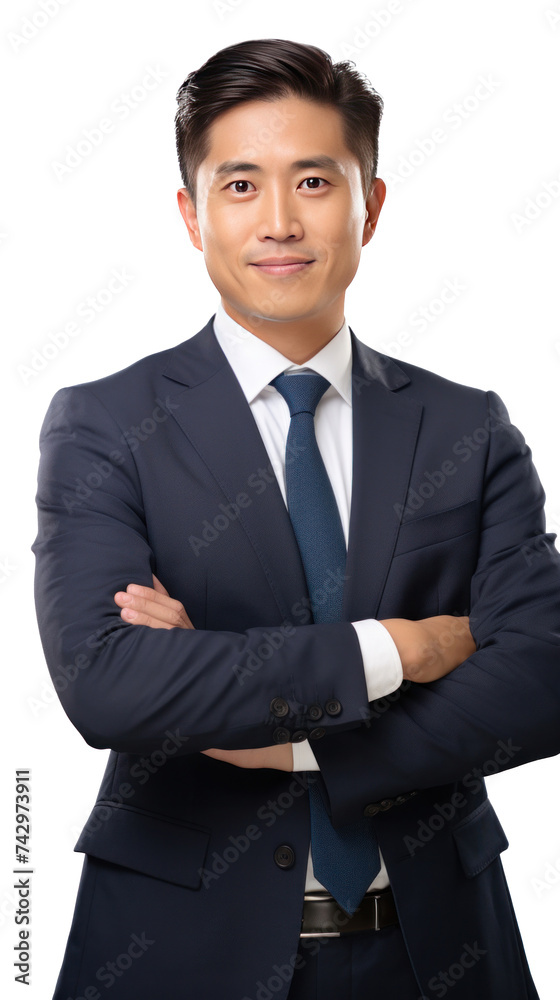 Asian businessman happy in suit, crossed arms isolated on transparent background. Asian businessman happy in suit, crossed arms isolated on transparent background.
