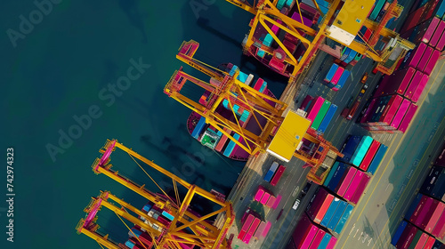 Aerial View of Cargo Ships and Cranes at a Busy Container Port