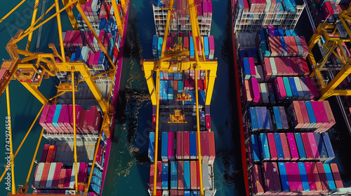 Aerial View of Cargo Ships and Cranes at a Busy Container Port © Maciej Koba