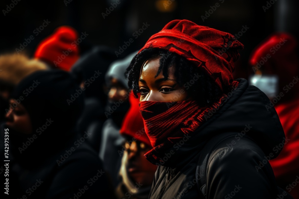 Young african american woman in red hat and black jacket on the street, street photography, diversity