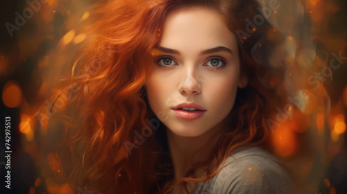 Beautiful young woman with red hair. Portrait on a blurred background