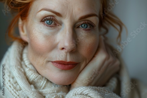 Middleaged woman considering beauty treatments for facial rejuvenation and enhancement. Concept Facial Rejuvenation Treatments, Beauty Enhancements, Middle-Aged Skincare, Anti-Aging Procedures photo