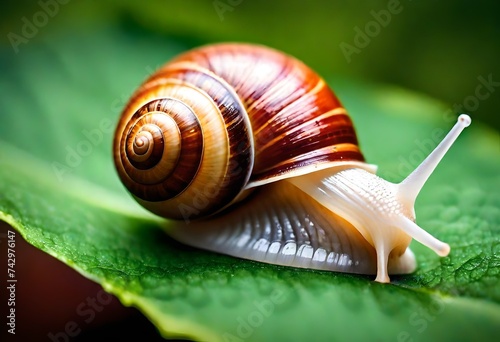Snail Shell On Leaf Beautiful Nature Macro. Generative AI